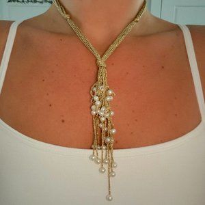 Handmade Metallic Golden Knotted Thread with Drop Pearls Necklace